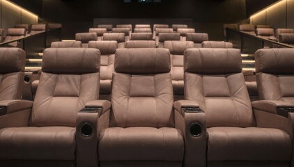 Fototapeta premium Medium shot highlighting luxury recliner seats in an auditorium focused on plush seating layout with aisles and accessibility routes softly blurred.