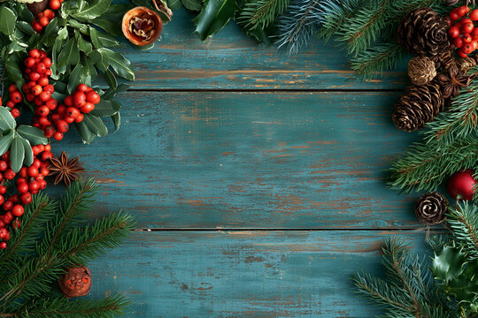 A backdrop for invitations, announcements, or posters for New Year, Christmas, winter holidays, and vacations. Wooden texture, festive decor with fir branches. Space for text.
