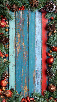 A backdrop for invitations, announcements, or posters for New Year, Christmas, winter holidays, and vacations. Wooden texture, festive decor with fir branches. Space for text.