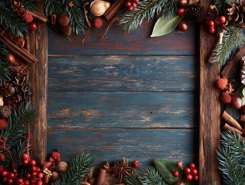 A backdrop for invitations, announcements, or posters for New Year, Christmas, winter holidays, and vacations. Wooden texture, festive decor with fir branches. Space for text.