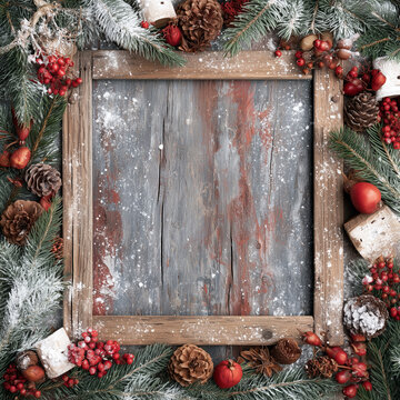A backdrop for invitations, announcements, or posters for New Year, Christmas, winter holidays, and vacations. Wooden texture, festive decor with fir branches. Space for text.
