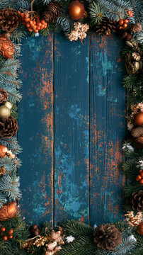 A backdrop for invitations, announcements, or posters for New Year, Christmas, winter holidays, and vacations. Wooden texture, festive decor with fir branches. Space for text.