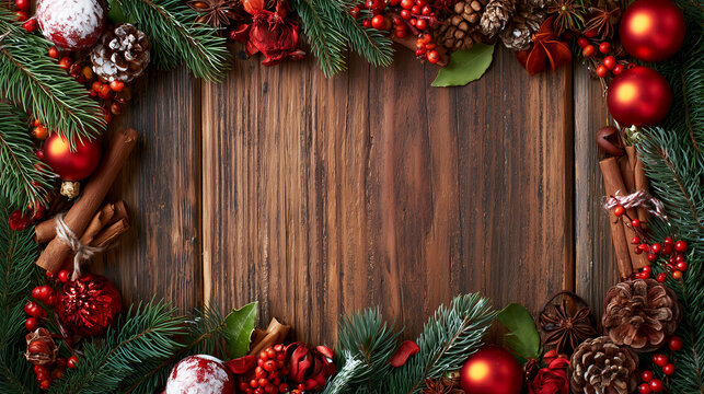 A backdrop for invitations, announcements, or posters for New Year, Christmas, winter holidays, and vacations. Wooden texture, festive decor with fir branches. Space for text.