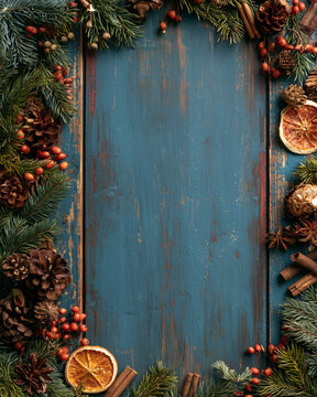 A backdrop for invitations, announcements, or posters for New Year, Christmas, winter holidays, and vacations. Wooden texture, festive decor with fir branches. Space for text.