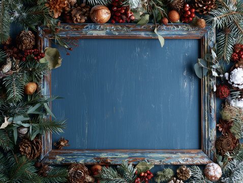 A backdrop for invitations, announcements, or posters for New Year, Christmas, winter holidays, and vacations. Wooden texture, festive decor with fir branches. Space for text.