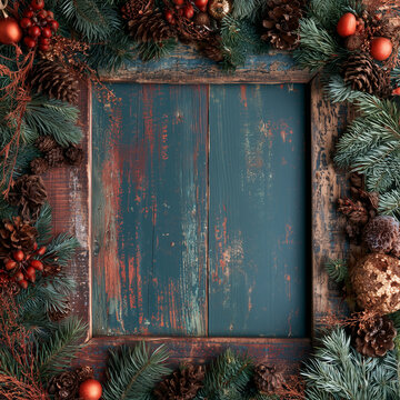 A backdrop for invitations, announcements, or posters for New Year, Christmas, winter holidays, and vacations. Wooden texture, festive decor with fir branches. Space for text.