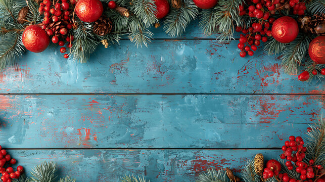 A backdrop for invitations, announcements, or posters for New Year, Christmas, winter holidays, and vacations. Wooden texture, festive decor with fir branches. Space for text.