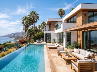 Fototapeta premium Luxury Mediterranean Home with Terracotta Roof and Coastal Views