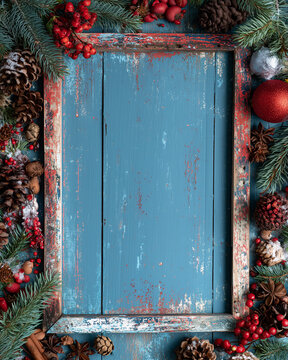 A backdrop for invitations, announcements, or posters for New Year, Christmas, winter holidays, and vacations. Wooden texture, festive decor with fir branches. Space for text.