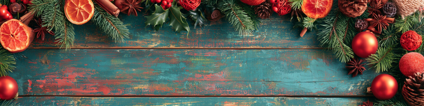 A backdrop for invitations, announcements, or posters for New Year, Christmas, winter holidays, and vacations. Wooden texture, festive decor with fir branches. Space for text.