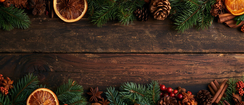 A backdrop for invitations, announcements, or posters for New Year, Christmas, winter holidays, and vacations. Wooden texture, festive decor with fir branches. Space for text.