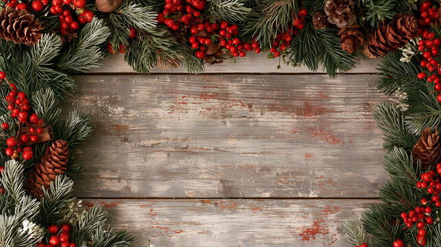 A backdrop for invitations, announcements, or posters for New Year, Christmas, winter holidays, and vacations. Wooden texture, festive decor with fir branches. Space for text.