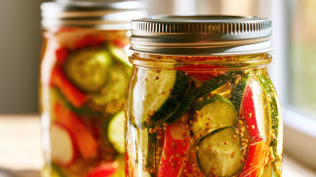Glass jar pickled vegetable cucumber slice carrot slice radish slice brine mustard seed lid jar