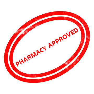Pharmacy approved red rubber stamp, medical certification seal on white background, pharmaceutical validation icon for healthcare documentation
