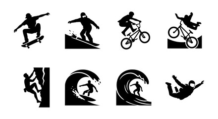 Fototapeta premium Extreme Sports Icons: Skateboarder, Snowboarder, BMX, Surfer, Climber, Skydiver Silhouettes