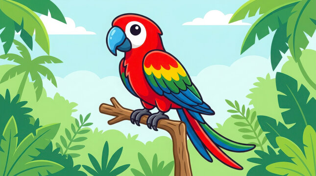 A vibrant cartoon macaw perches gracefully on a rustic tree branch amidst a lush and colorful tropical jungle landscape with green foliage