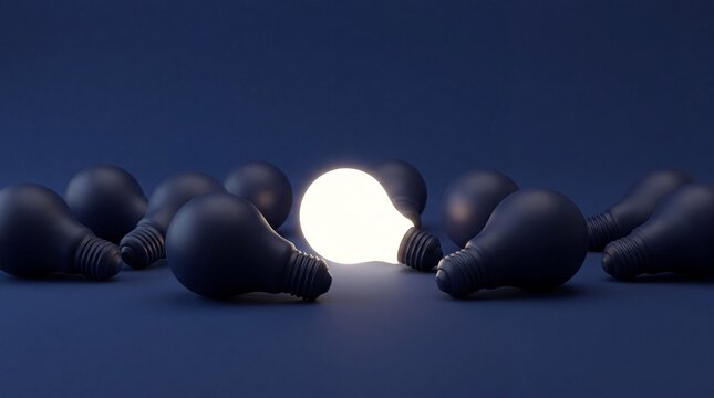 Glowing Lightbulb Surrounded by Many Dark Ones Showcasing Innovation and Unique Ideas in a Leadership Concept