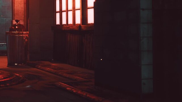 Red lights illuminate a street corner at night. A trash can is visible to the left. The wall shows wooden details and the surrounding area appears empty and quiet.