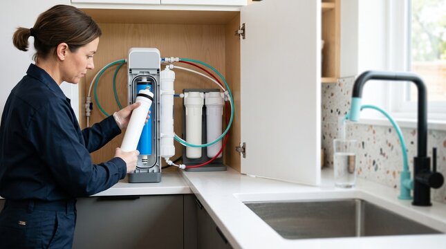 Woman installing reverse osmosis membrane in modern kitchen cabinet  