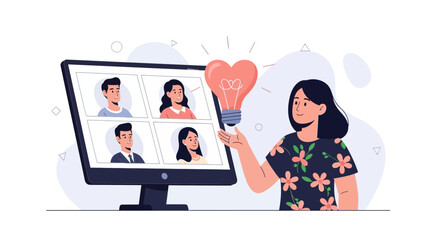 Obraz premium Woman holding a heart-shaped lightbulb, symbolizing a bright idea during a video conference meeting with diverse colleagues.