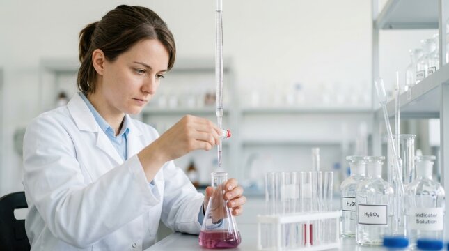 Female scientist performing chemical titration in a laboratory. Researcher analyzing wine or tartaric acid in a lab