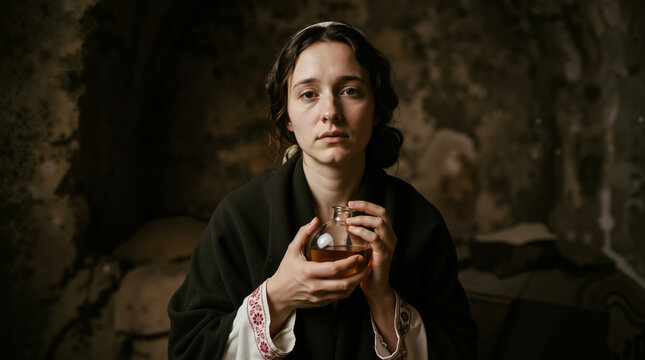 Portrait of a woman representing the biblical figure Mary Magdalene holding a glass flask of amber oil. Historical religious concept of anointing. Dark dramatic lighting with textured background