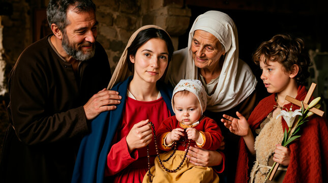 The Holy Family with Saint Anne and Saint John the Baptist. Biblical portrait of Virgin Mary holding baby Jesus with Saint Joseph. Christian religion and faith concept