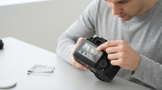 Man applying a clear LCD screen protector to a DSLR camera. Photographer installing protective glass film on camera screen at a table
