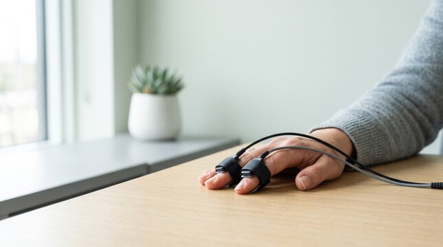 Hand of a person undergoing a lie detector test on a wooden table  