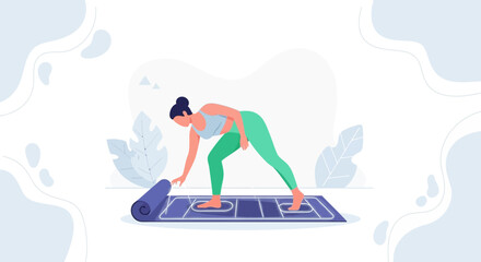 Obraz premium Woman rolling up yoga mat after exercise, vector illustration. Healthy lifestyle, fitness, and wellness concept in flat design.
