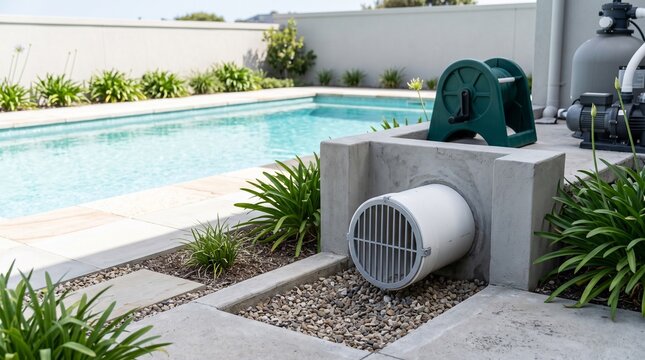 Storm water pipe outlet beside swimming pool with landscaping plants  