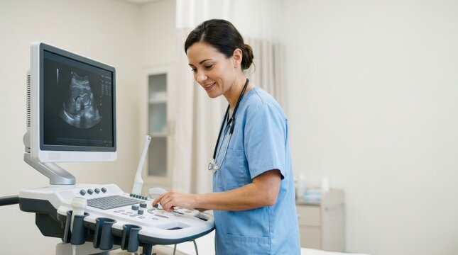 Female doctor operating an ultrasound machine in a clinic. Smiling sonographer adjusting controls during a prenatal pregnancy scan. Obstetric diagnostic imaging concept