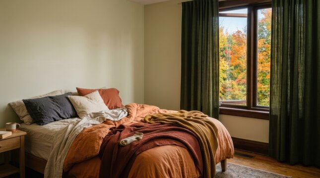 Cozy bedroom with unmade bed and autumn window view. Warm fall colored linens and blankets in rustic room. Seasonal comfort concept