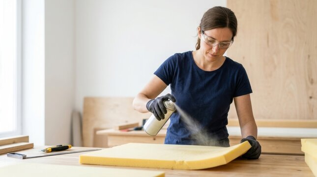 Woman spraying adhesive on upholstery foam in workshop. Female furniture maker using aerosol glue spray on yellow foam sheet