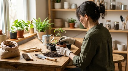 Fototapeta premium Woman planting a green seedling in a terracotta pot at a wooden table. Indoor gardening hobby and learning new skills concept