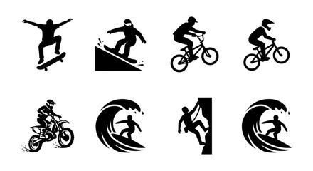 Fototapeta premium Extreme Sports Icons: Skateboarder, Snowboarder, BMX, Motocross, Surfer, Climber Vector Set