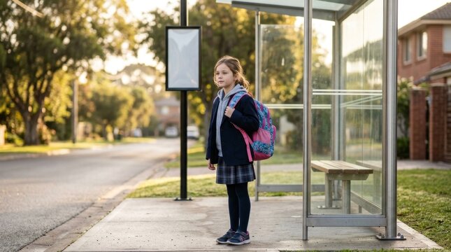 Schoolgirl in uniform waiting at a glass bus shelter. Young student with backpack standing at a bus stop on a suburban street. Back to school commute concept