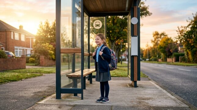 Smiling schoolgirl with backpack waiting inside a glass bus shelter. Young student standing at a bus stop during sunrise. Back to school transportation concept