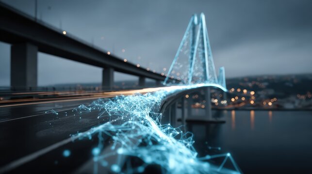 A futuristic bridge glows with neon blue light, symbolizing digital connection and modern infrastructure. ..Created with Generative AI, not depicting real subjects.