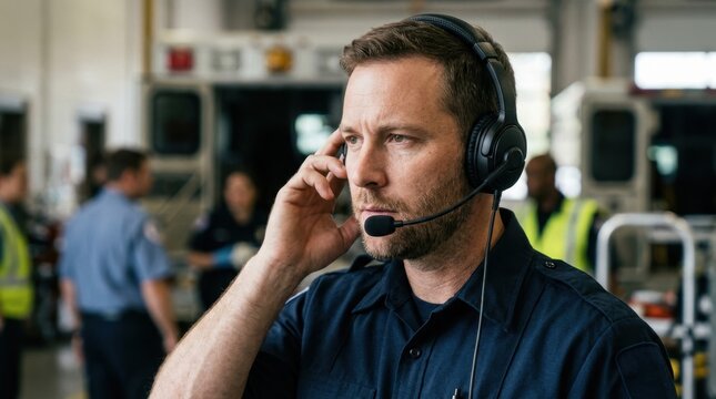 Emergency responder wearing headset listening to call. Paramedic dispatcher coordinating medical assistance in ambulance bay