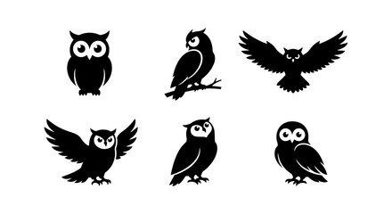 Naklejka premium Black Owl Silhouettes, Vector Icons Set: Nocturnal Bird Graphics, Woodland Wildlife Illustrations, Forest Creature Art