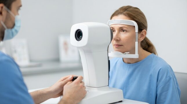 Woman undergoing eye pressure measurement with a tonometer. Optometrist conducting an eye exam in a clinic. Ophthalmology and vision care concept