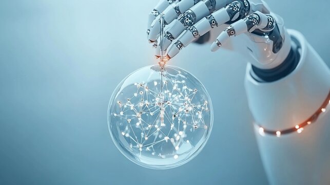 Robotic arm meticulously handles a transparent sphere with intricate network
