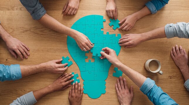 Team Collaboration Building a Bright Idea Light Bulb Puzzle on Wooden Tabletop for Innovation