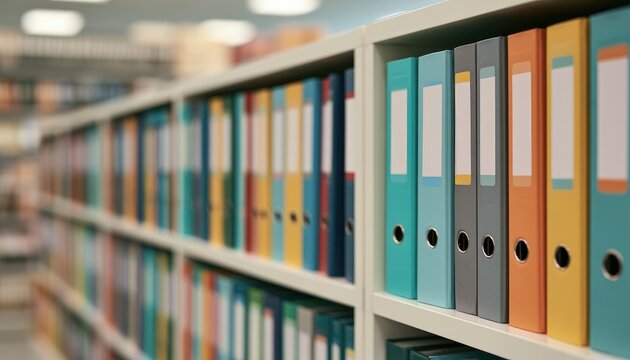 Organized Shelves Filled with Colorful Binders and Folders.