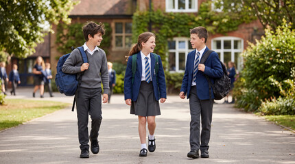 Fototapeta premium Two boys and one girl in school uniforms carrying backpacks 1st September