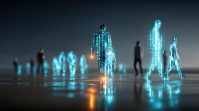 Digital human figure formation from futuristic binary code and glowing energy. ..Created with Generative AI, not depicting real subjects.