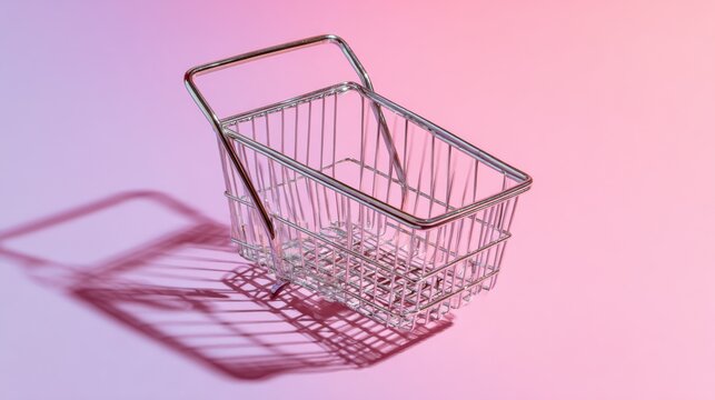 Empty metal shopping basket on smooth vibrant background, soft shadow, copy space