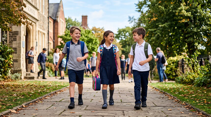 Fototapeta premium Back to school 1st September - Two boys and one girl in formal school uniforms carrying backpacks, walking together outside and sharing a joyful moment on campus. Back to school 1st September