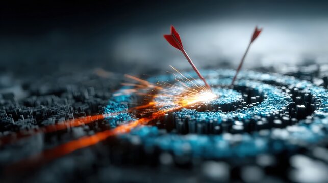 A close-up shot of a digital target with two arrows, one hitting the bullseye, emitting sparks and digital light. ..Created with Generative AI, not depicting real subjects.